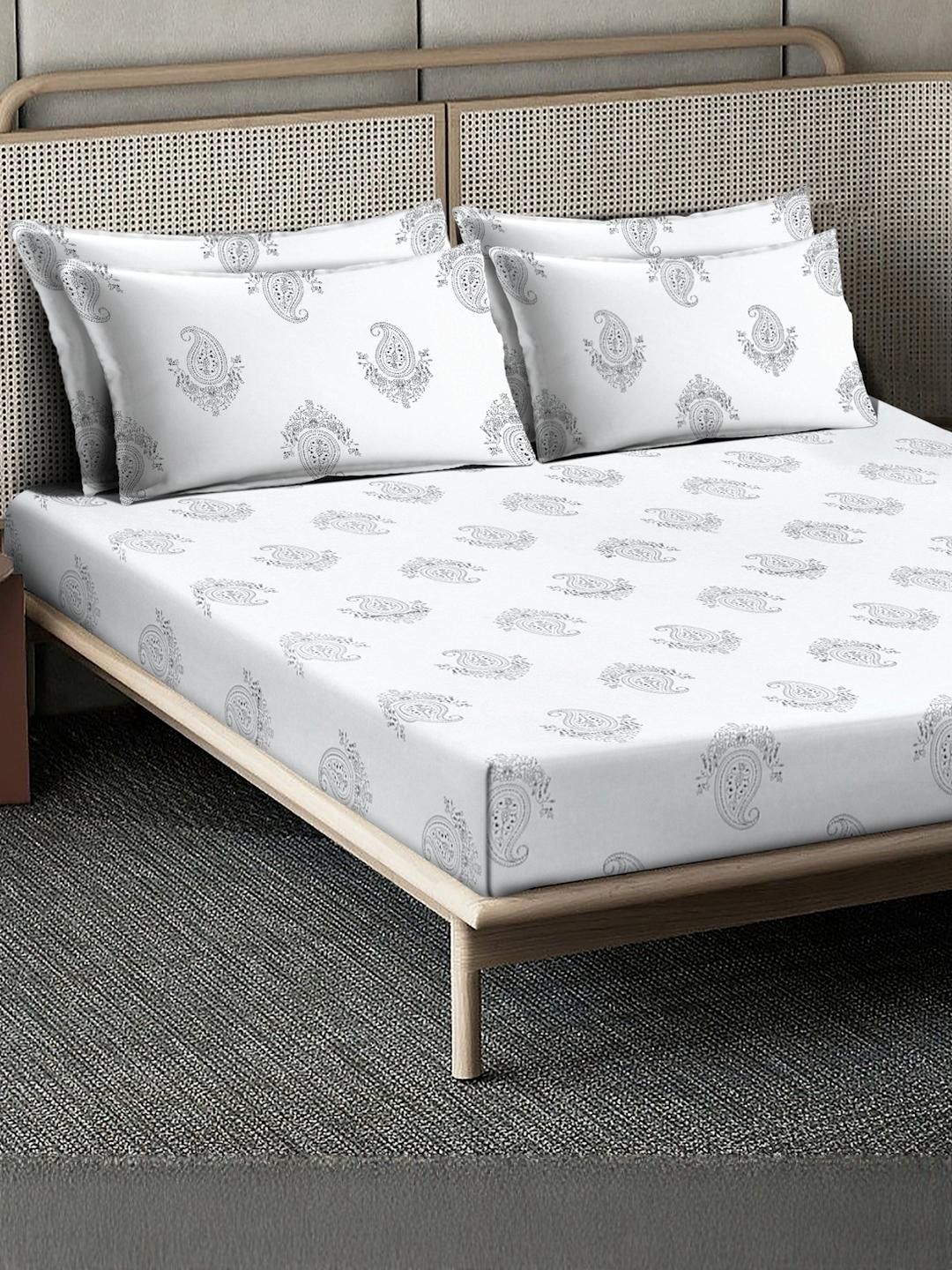 KLOTTHE White Ethnic Printed Flat 400TC Kapas Tulen Cadar Super King & 4 Sarung Bantal
