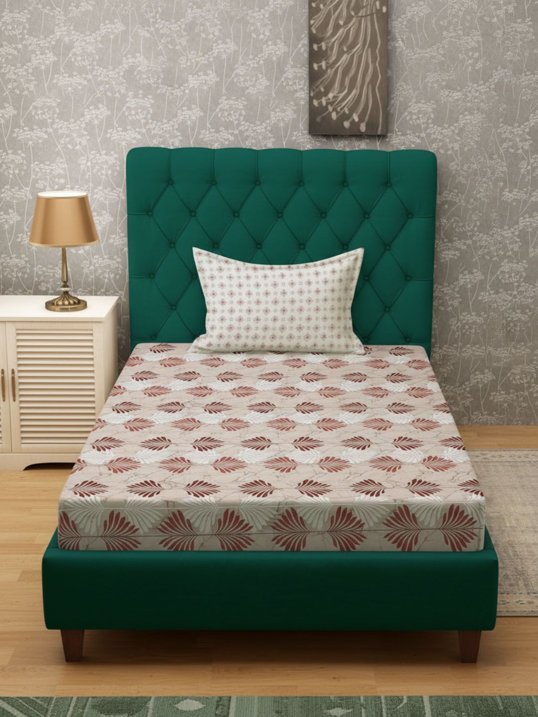 Myntra Elegant Homes Beige Floral 400 TC Cadar Tempat Tidur Single dengan 1 Sarung Bantal