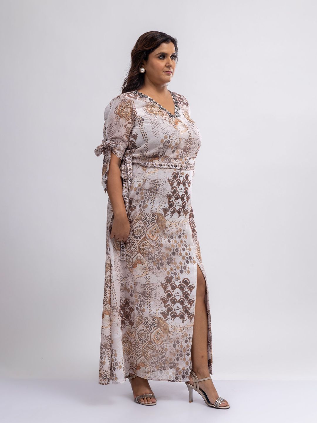 Mamicha Women Floral Print Tie Up Sleeve Georgette Maxi Dress