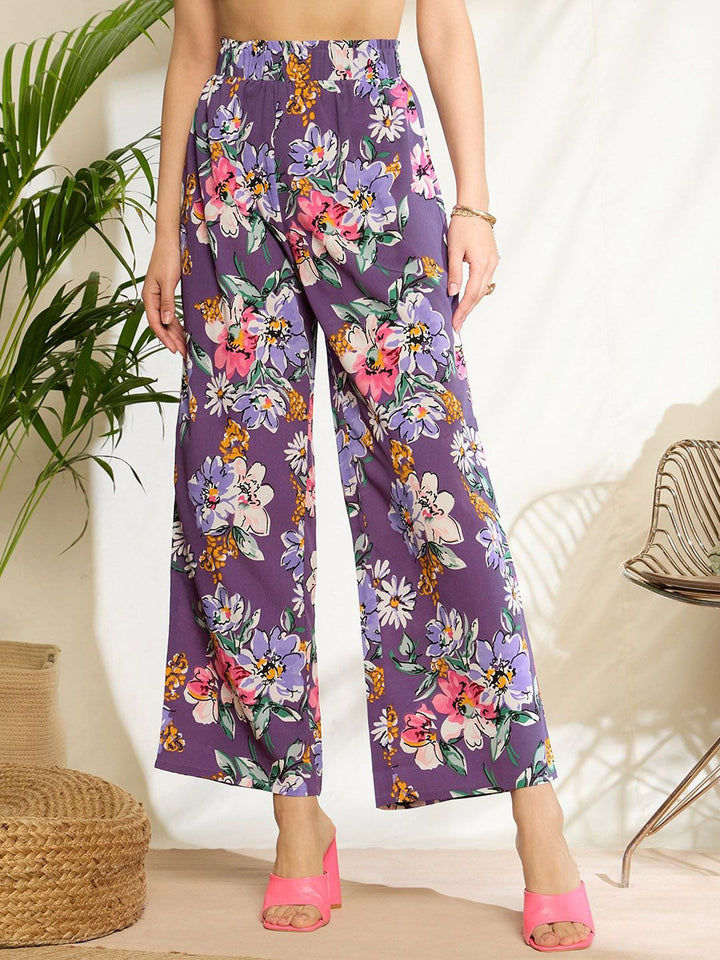 Berrylush Women Floral Printed Relaxed Loose Fit High-Rise Pleated Trousers