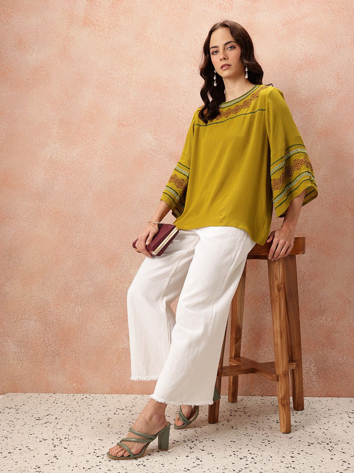 all about you Embroidered Flared Sleeve Crinkle Top