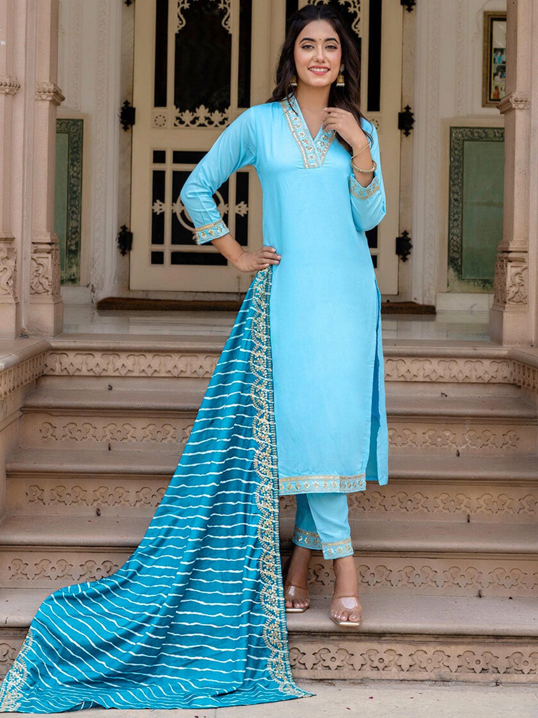 KALINI Floral Yoke Design Kurta With Trousers & Dupatta