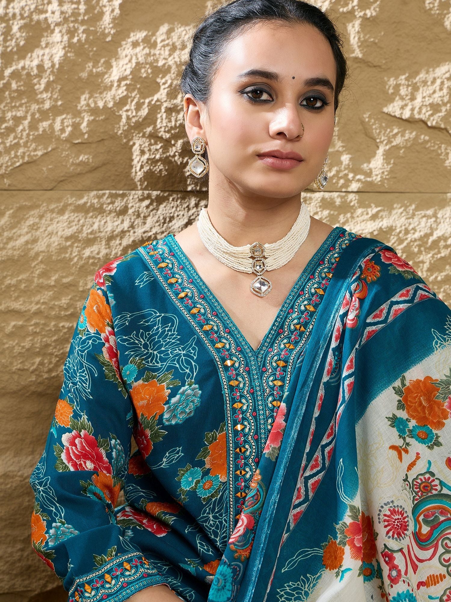 Indo Era Floral Printed Mirror Work V-Neck Straight Kurta With Trousers And Dupatta