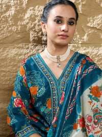 Indo Era Floral Printed Mirror Work V-Neck Straight Kurta With Trousers And Dupatta