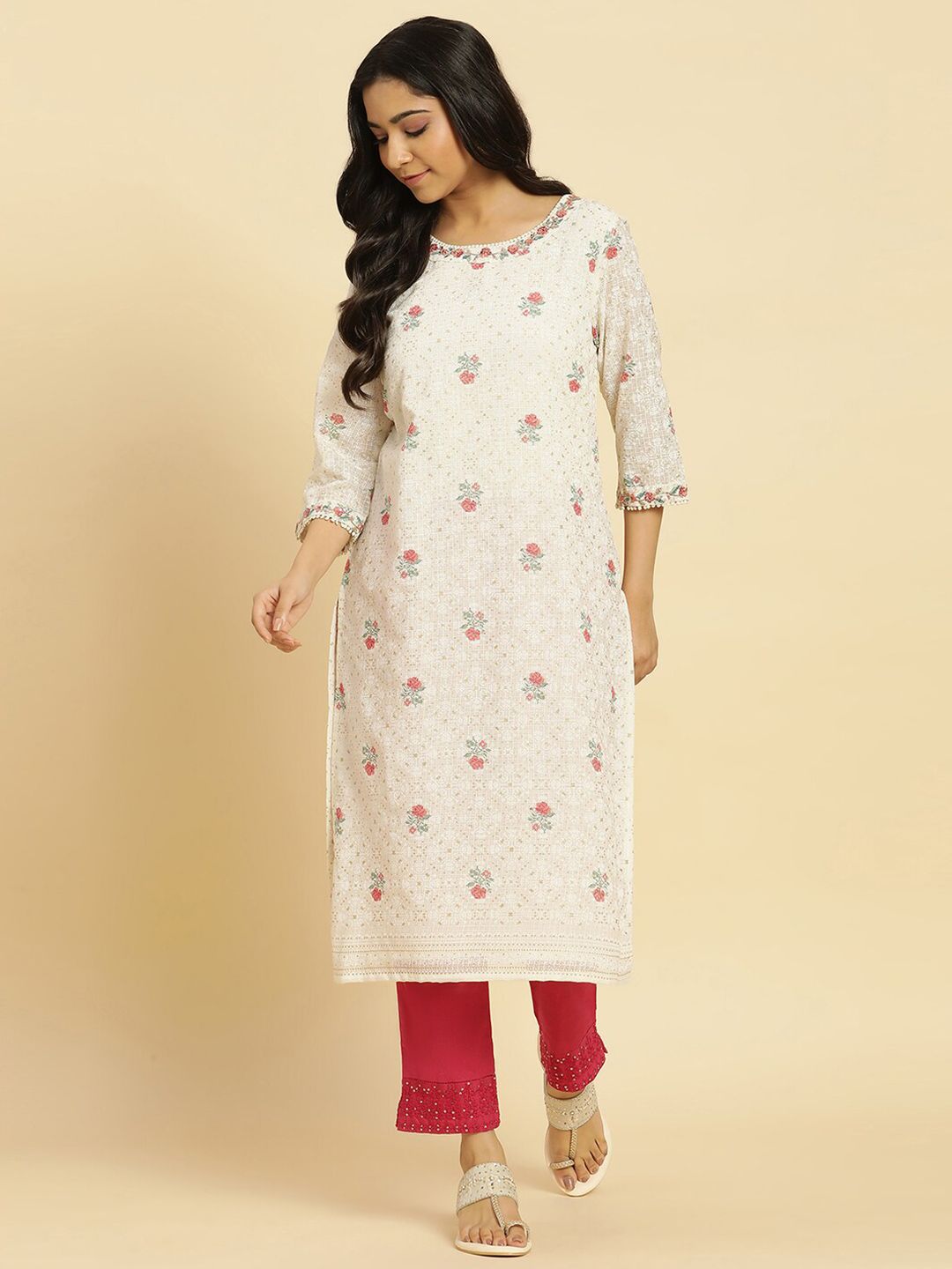 W Off White & Red Floral Printed Thread Work Boat Neck A-Line Kurta