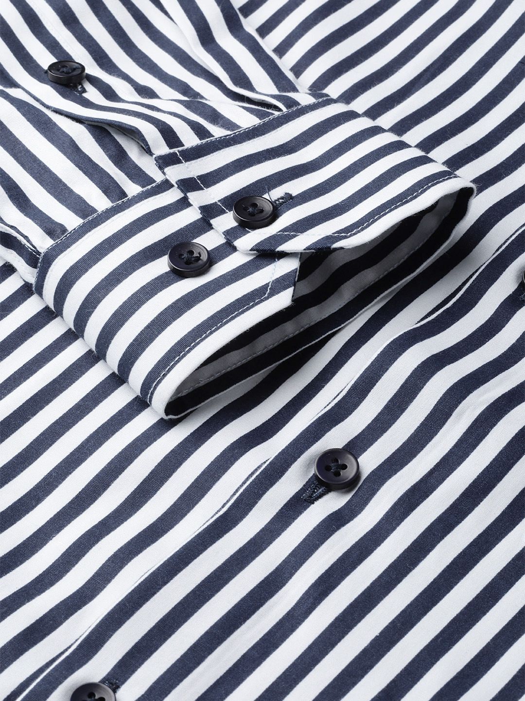 Hancock Men White & Navy Slim Fit Striped Formal Shirt