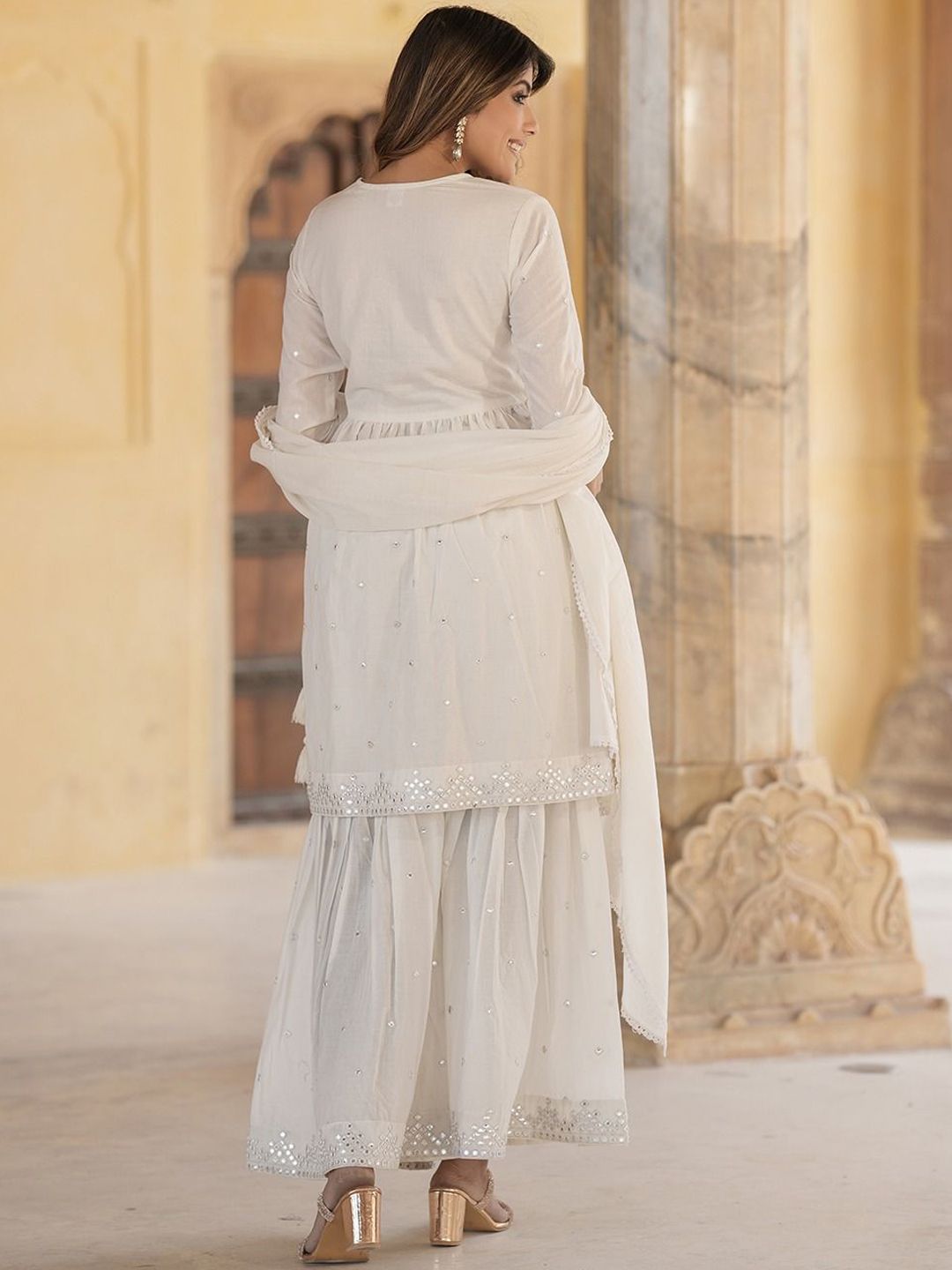 KALINI Geometric Embroidered Mirror Work Pure Cotton A-Line Kurta With Sharara & Dupatta