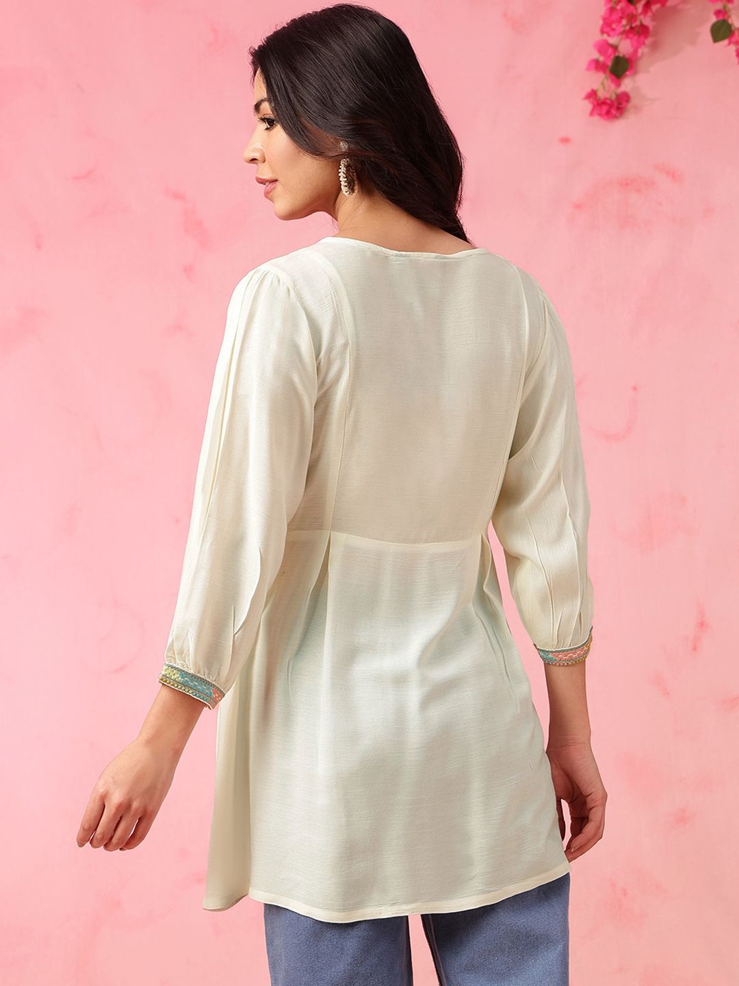 Anouk Off White Floral Embroidered Thread Work Pure Cotton A-Line Short Kurti
