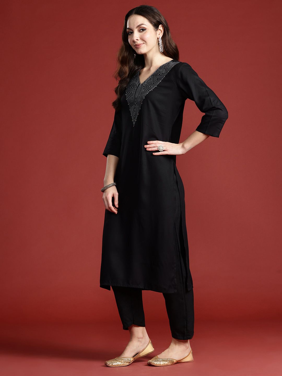 Indo Era Women Geometric Embroidered Sequinned Pure Cotton Kurta