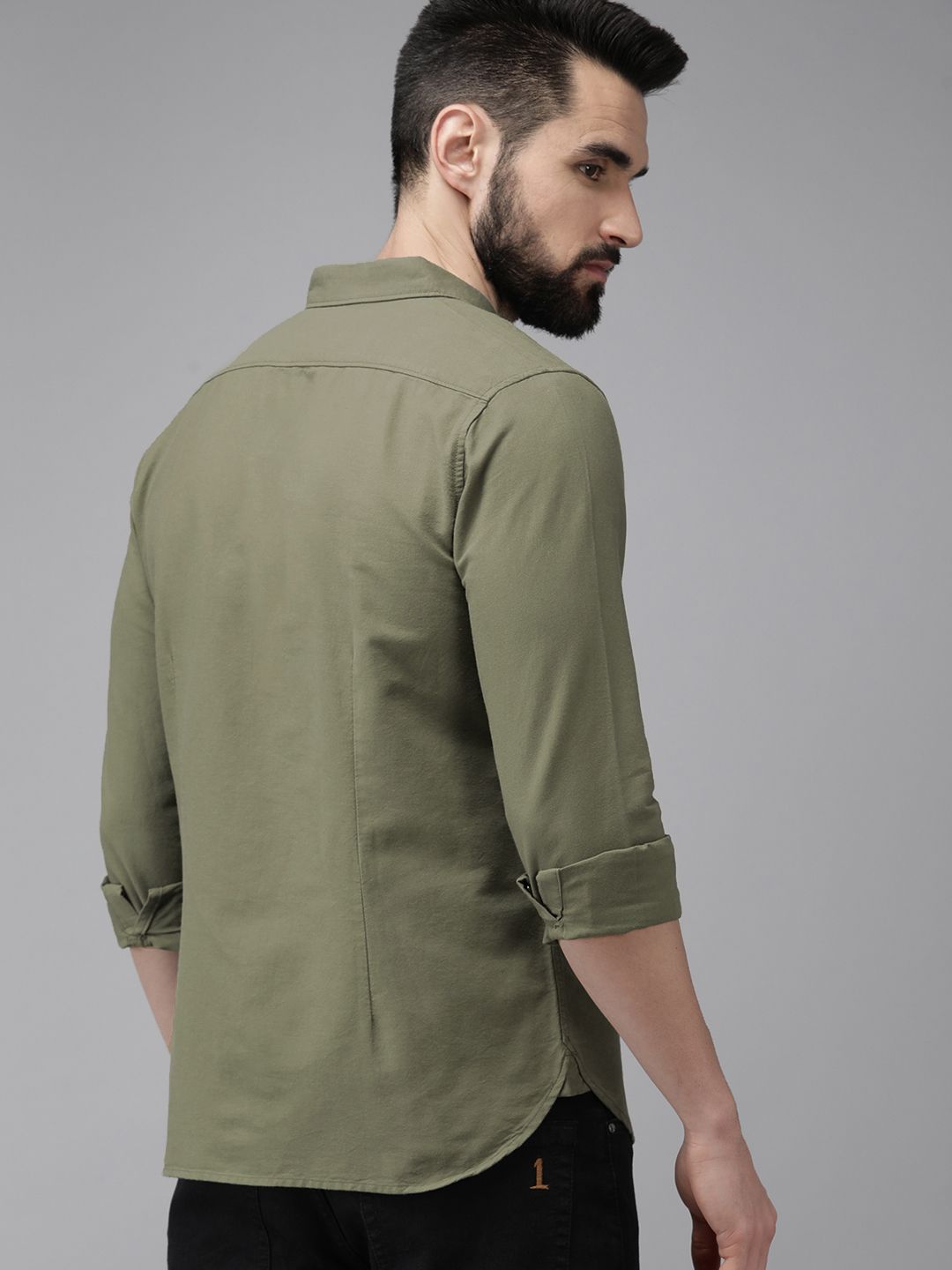 THE BEAR HOUSE Men Olive Green Solid Slim Fit Cotton Casual Shirt