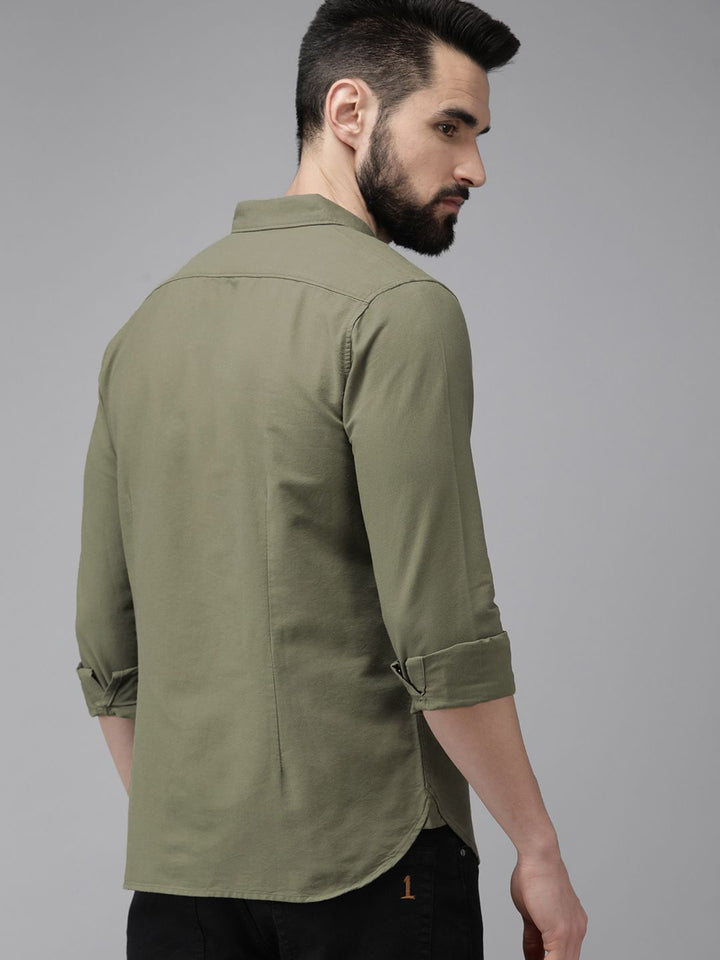 THE BEAR HOUSE Men Olive Green Solid Slim Fit Cotton Casual Shirt