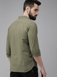 THE BEAR HOUSE Men Olive Green Solid Slim Fit Cotton Casual Shirt