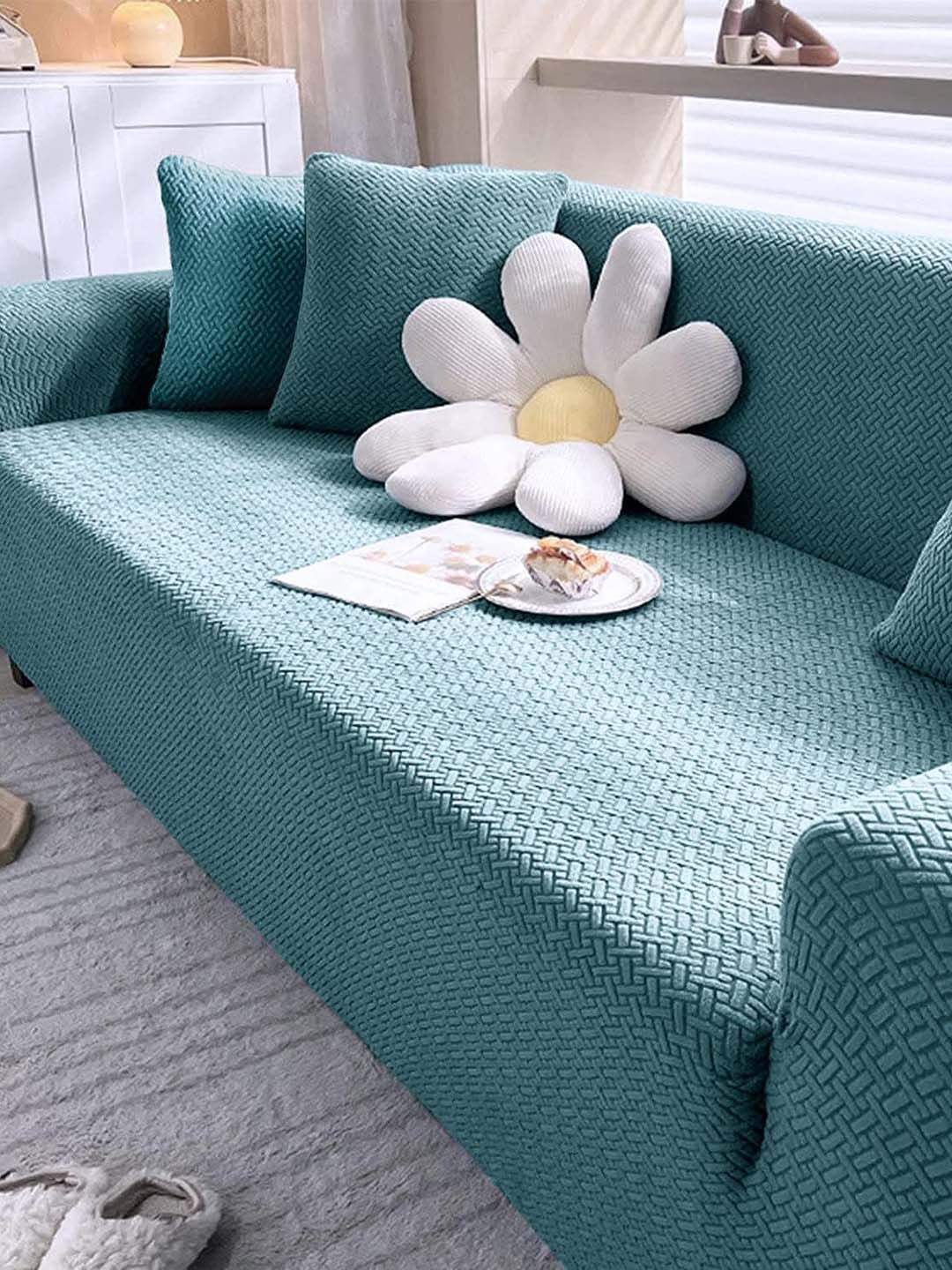 Cortina Teal Blue Self designed Jacquard 2 seater Sofa Cover