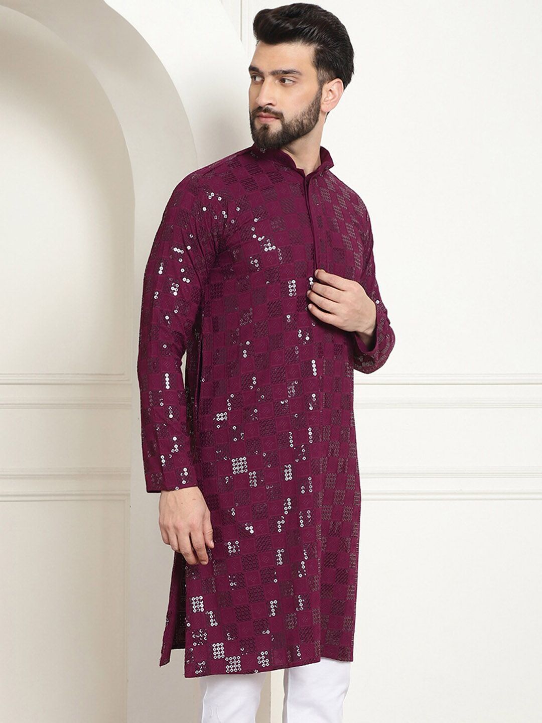 SOJANYA Geometric Embroidered Sequinned Pure Cotton Kurta