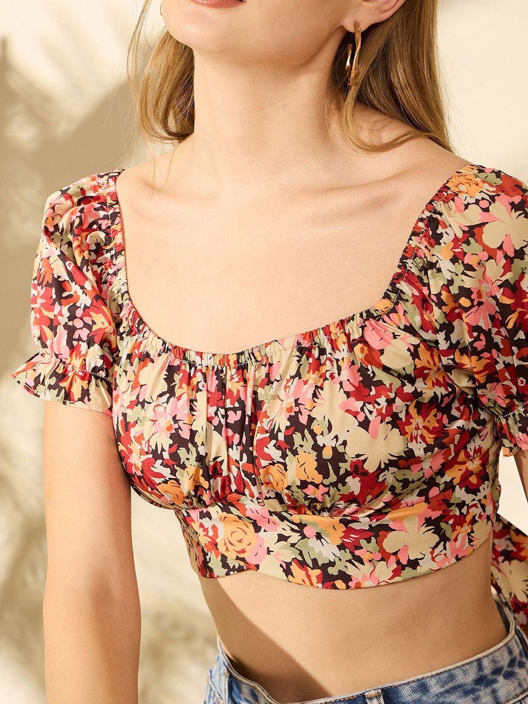Berrylush Floral Printed Puff Sleeve Bralette Crop Top