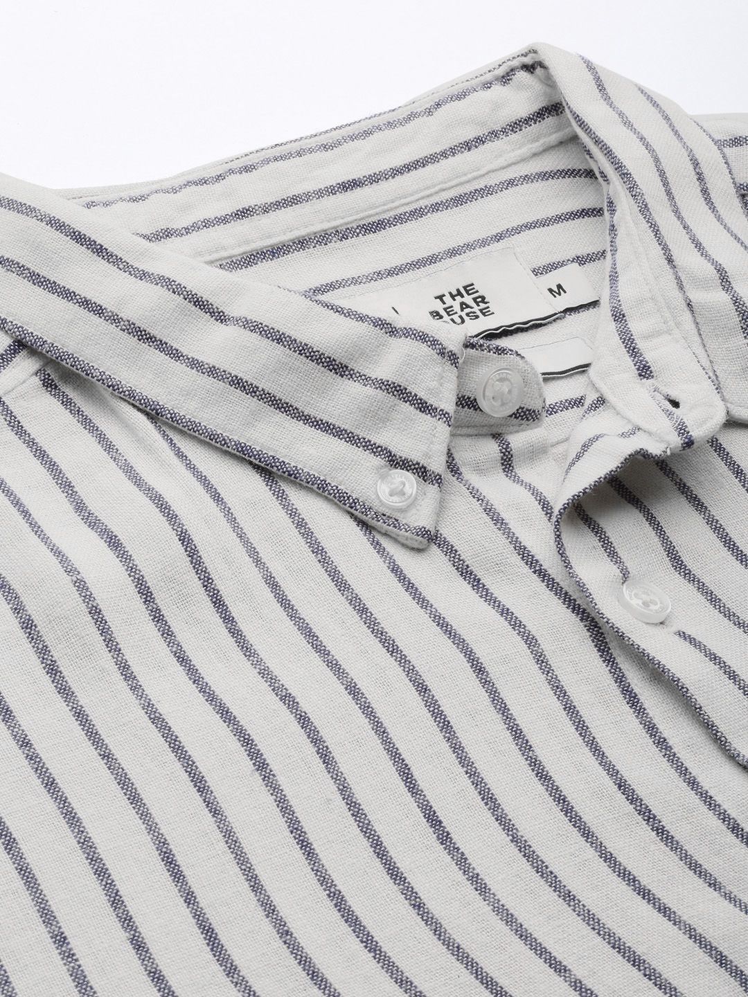 THE BEAR HOUSE Men White & Black Slim Fit Striped Cotton Casual Shirt