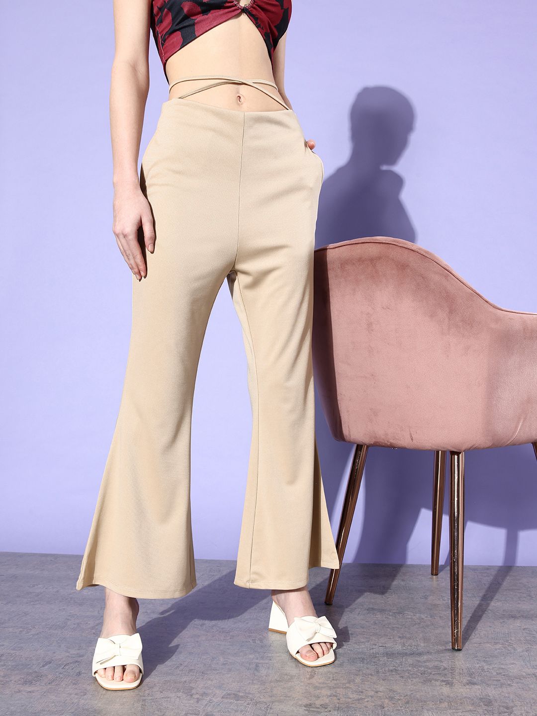 Dressberry Women Earthy Beige Waist Tie-Up Detail Hardware Trousers