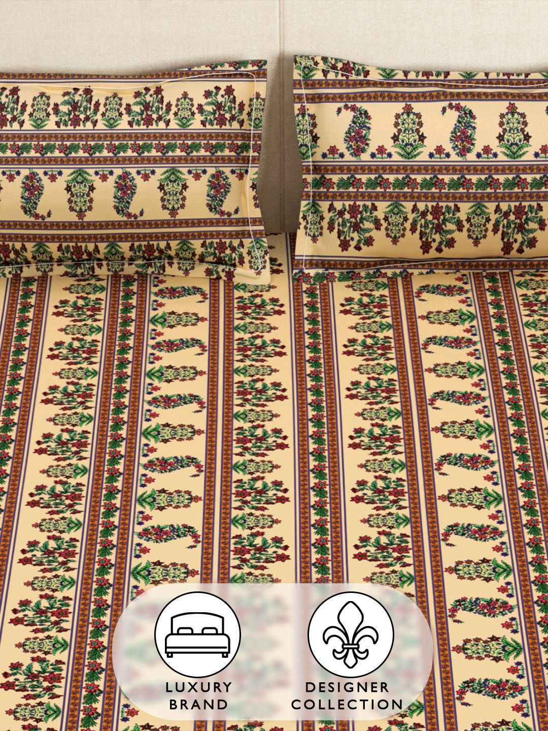 Story@home Arena Beige & Green Printed 180 TC Fitted King Bedsheet & 2 Pillow Covers