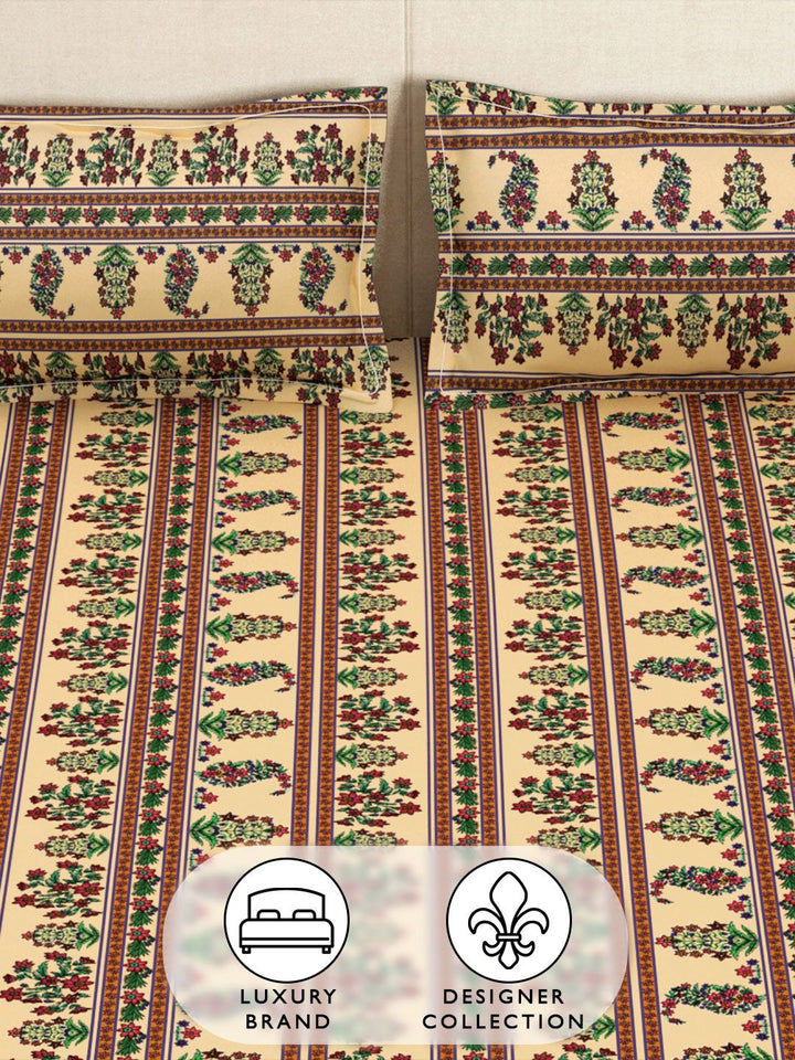 Story@home Arena Beige & Green Printed 180 TC Fitted King Bedsheet & 2 Pillow Covers