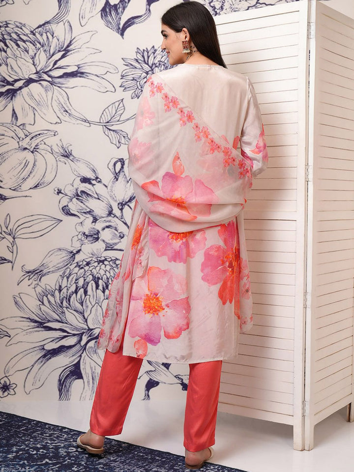 Vishudh Floral Printed Pleated Beads and Stones Kurta with Trouser & Dupatta