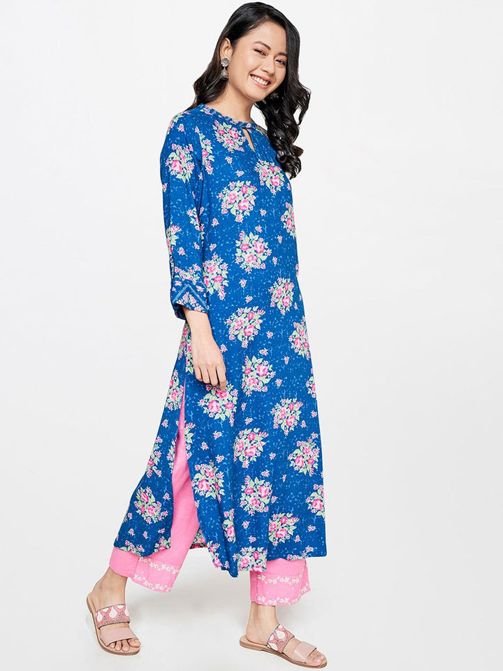 Global Desi Floral Printed Keyhole Neck Kurta