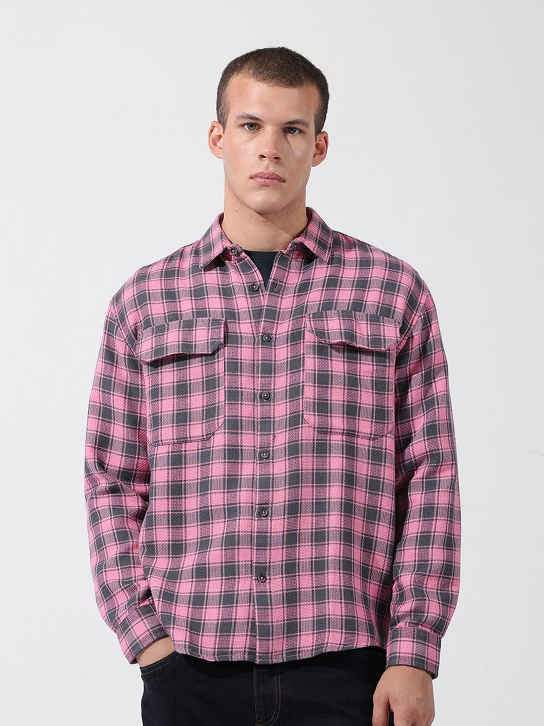 The Indian Garage Co Men Relaxed Fit Checkered Dobby Casual Shirt