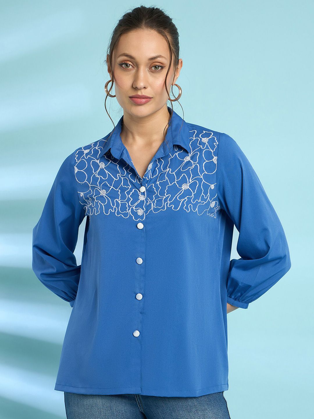 Antheaa Blue Floral Embroidered Shirt Collar Puff Sleeves Shirt Style Top