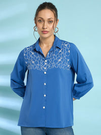 Antheaa Blue Floral Embroidered Shirt Collar Puff Sleeves Shirt Style Top