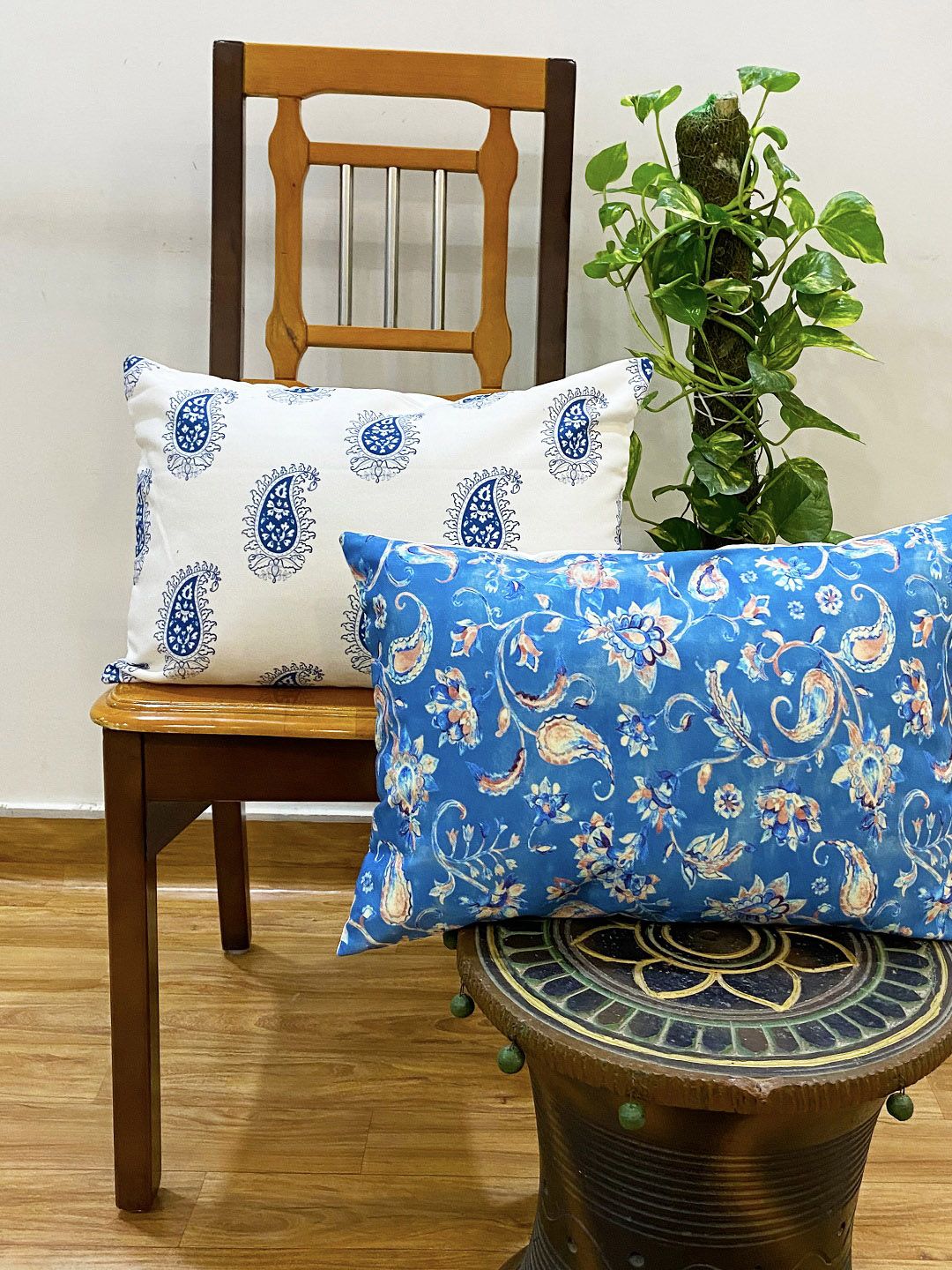 STITCHNEST Blue & White Set of 2 Ethnic Motifs Rectangle Cushion Covers