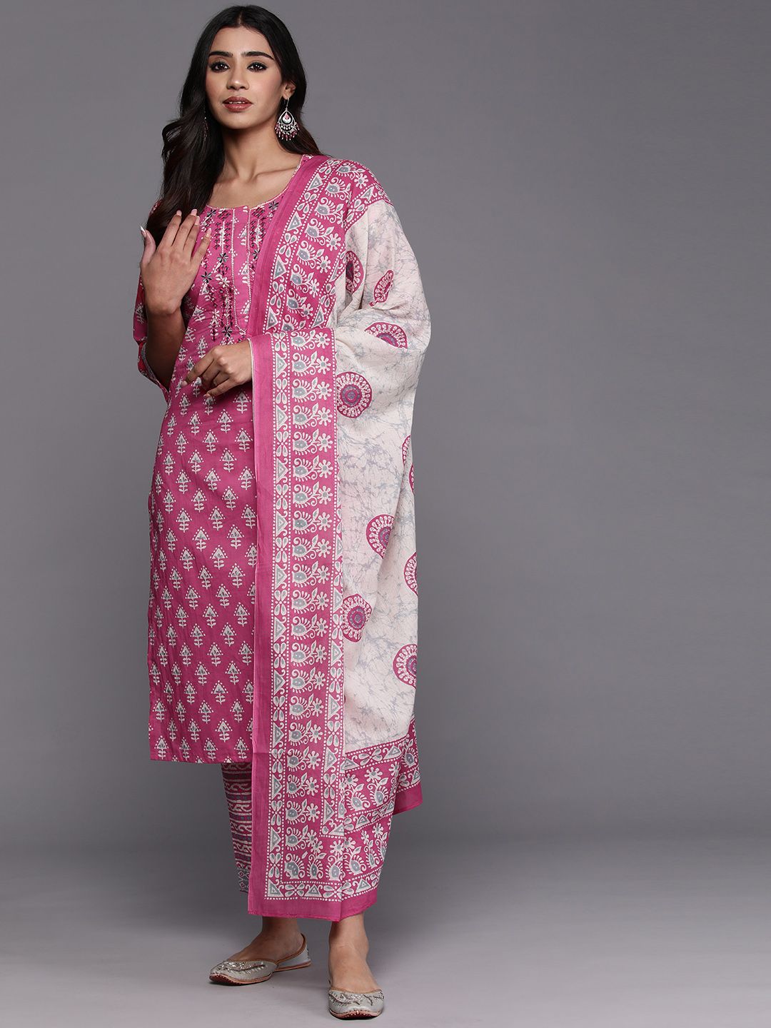 Libas Ethnic Motifs Printed Mirror Work Pure Cotton Kurta with Trousers & With Dupatta