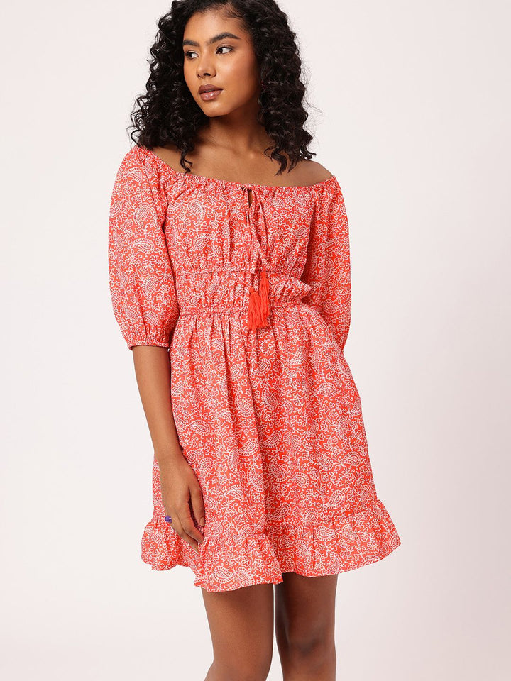 DressBerry Paisley Perfection Printed Cinched Waist Off-Shoulder A-line Mini Dress