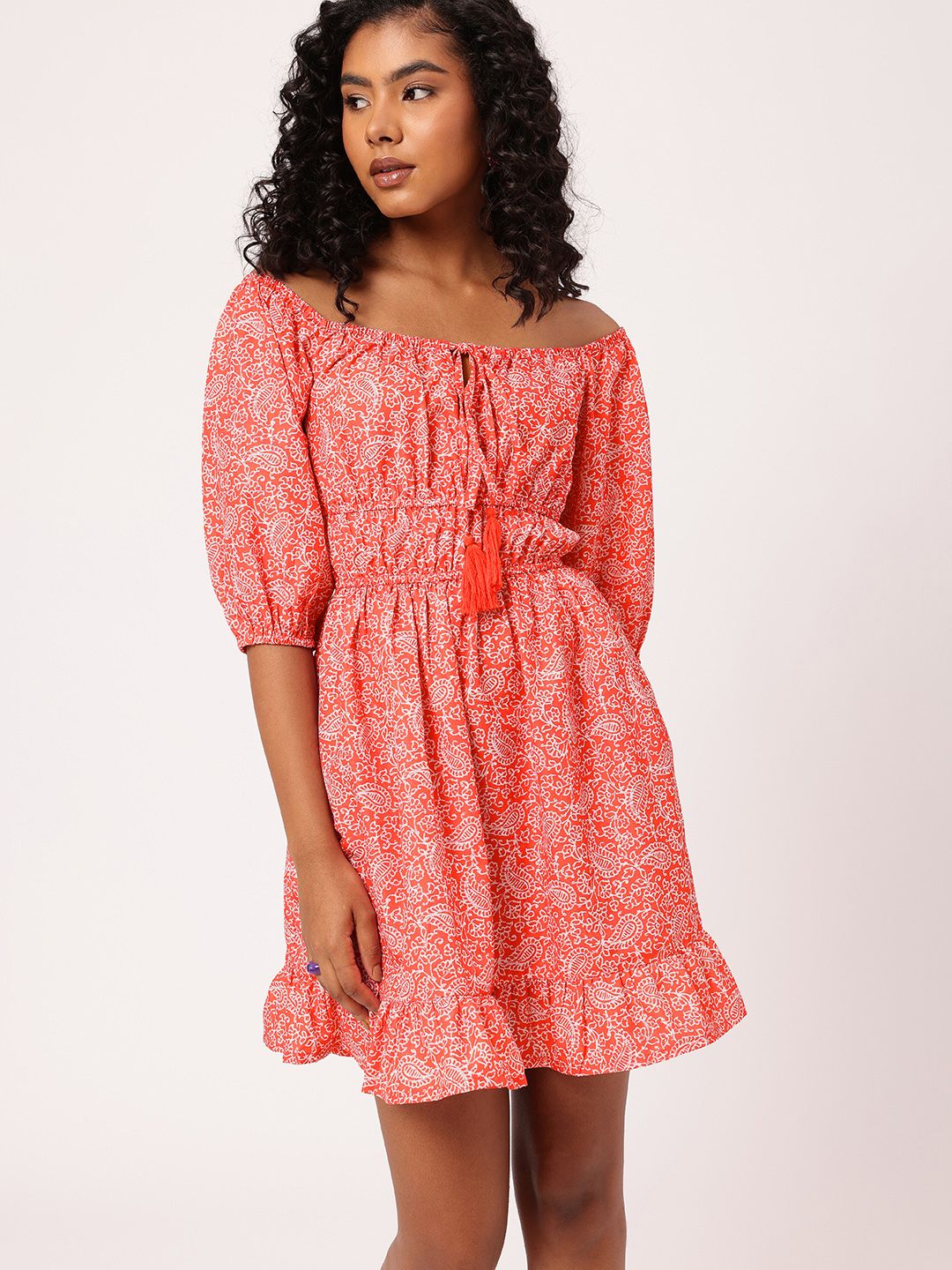 DressBerry Paisley Perfection Printed Cinched Waist Off-Shoulder A-line Mini Dress