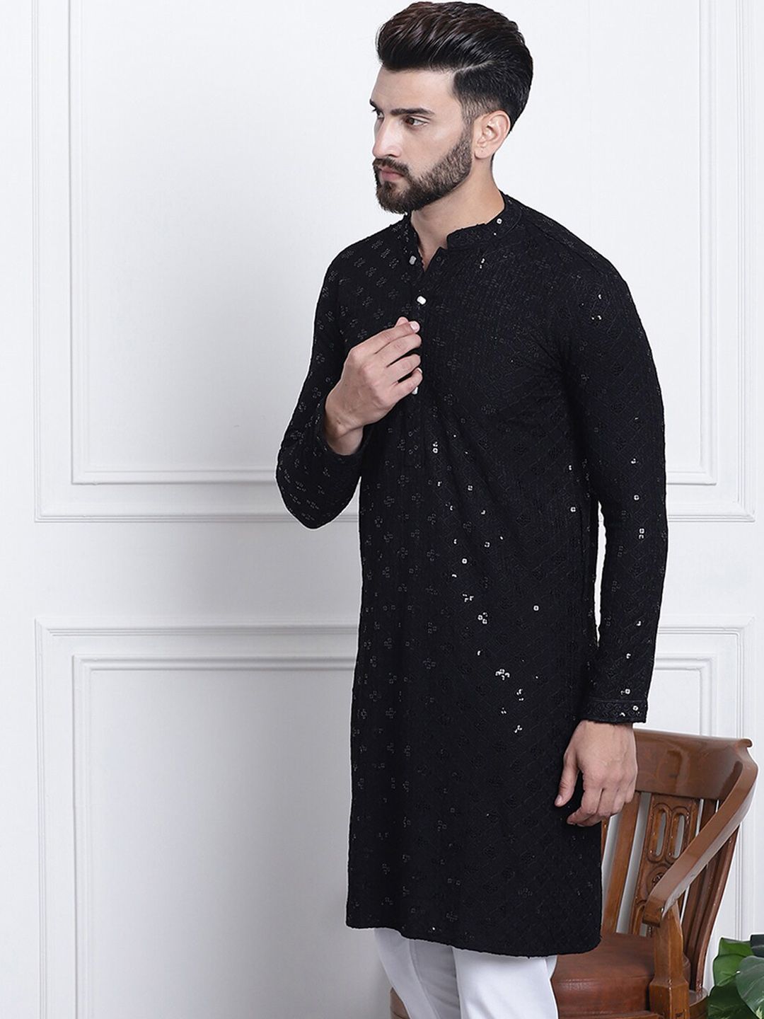 SOJANYA Embellished Mandarin Collar Pure Cotton Kurta