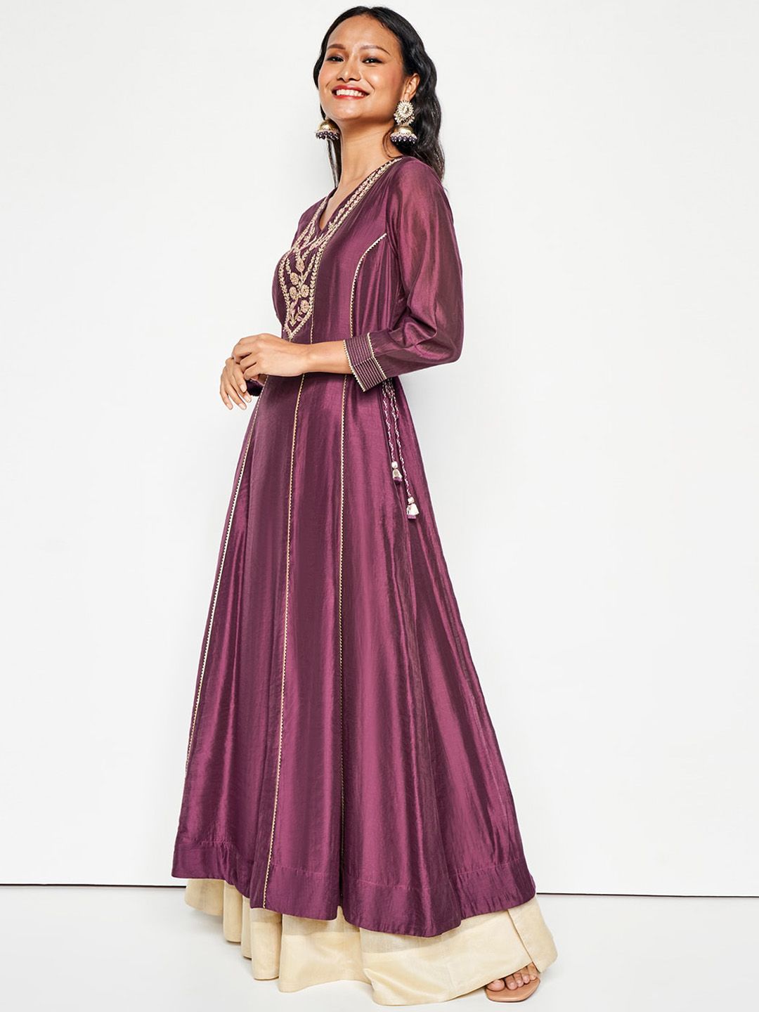 Global Desi V Neck Long Sleeves Ethnic Embroidered A Line Kurta