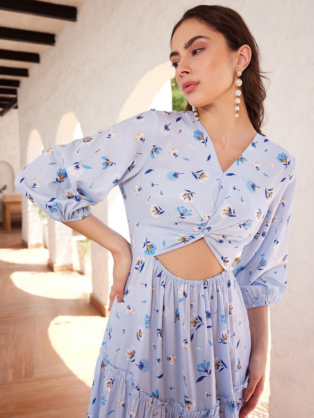 STREET 9 Floral Printed Puffed Sleeves Cut-Out Maxi Dress