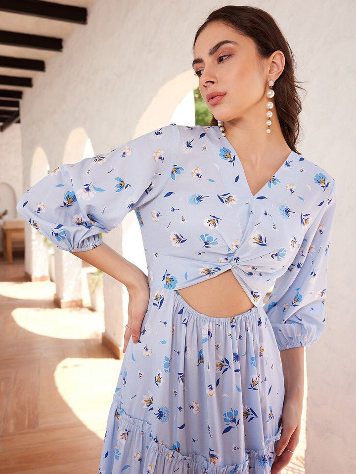 STREET 9 Floral Printed Puffed Sleeves Cut-Out Maxi Dress