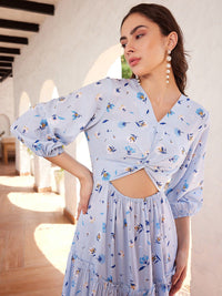 STREET 9 Floral Printed Puffed Sleeves Cut-Out Maxi Dress
