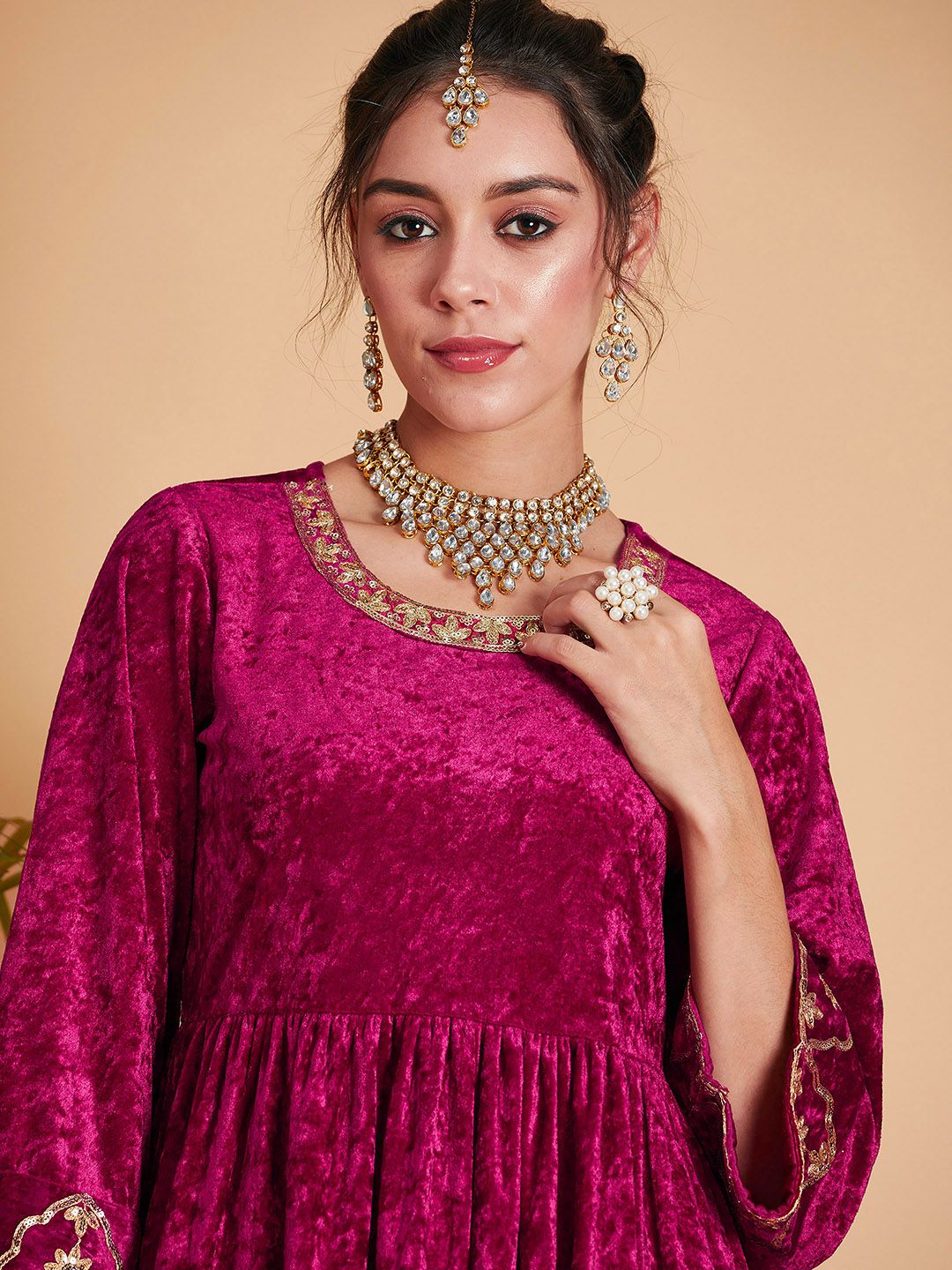 Shae by SASSAFRAS Women Fuchsia Empire Gotta Patti Velvet Kurta with Palazzos