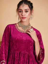 Shae by SASSAFRAS Women Fuchsia Empire Gotta Patti Velvet Kurta with Palazzos