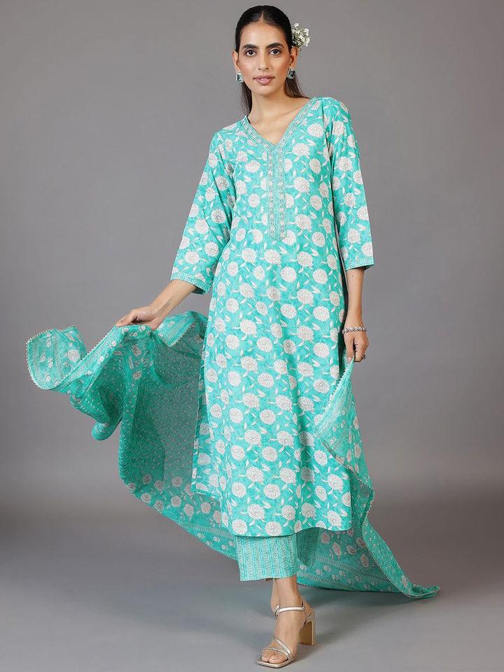 Libas Floral Printed V-Neck Thread Work Kurta With Trousers & Dupatta