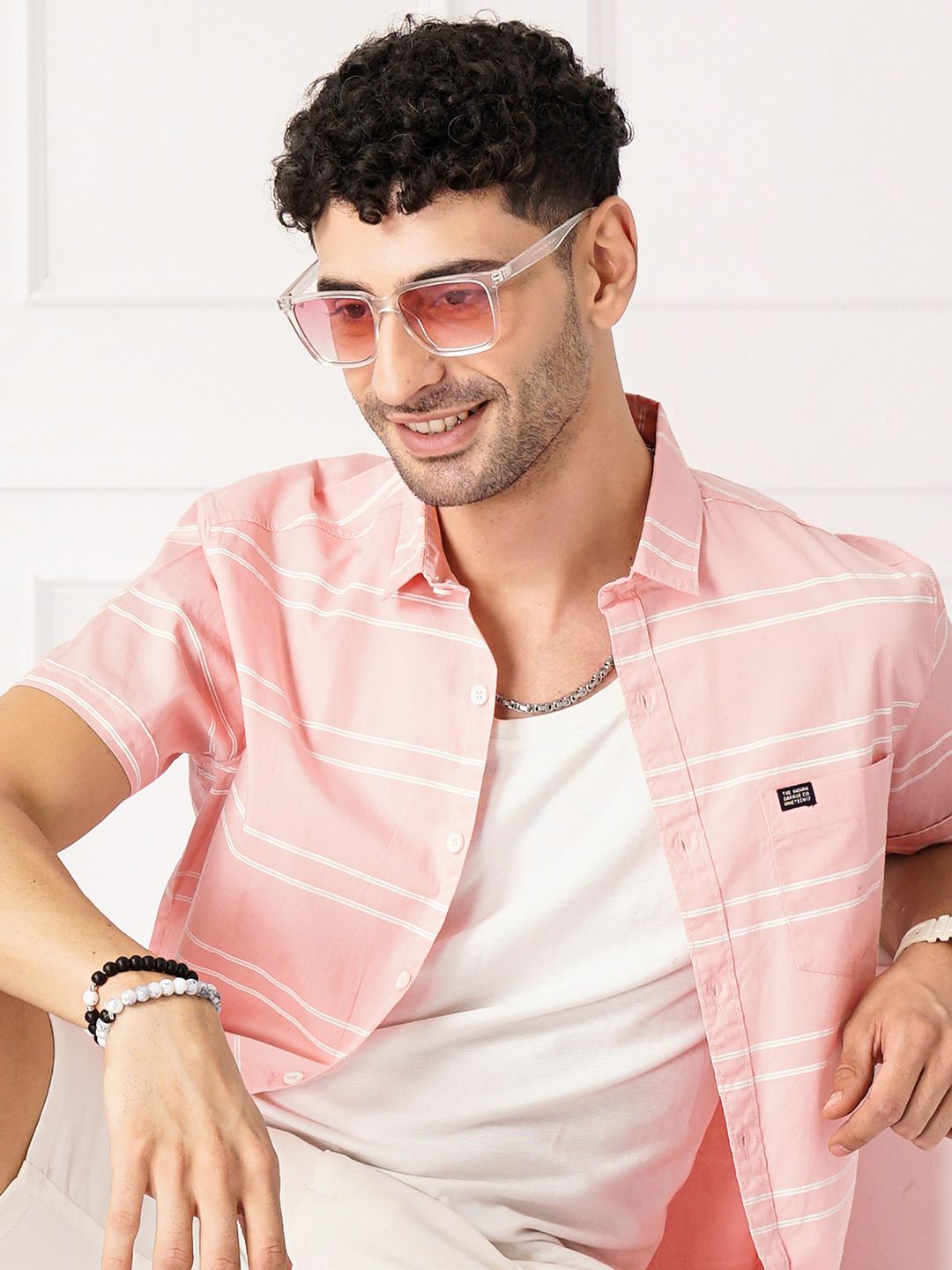 The Indian Garage Co Men Peach-Coloured & White Horizontal Striped Cotton Casual Shirt