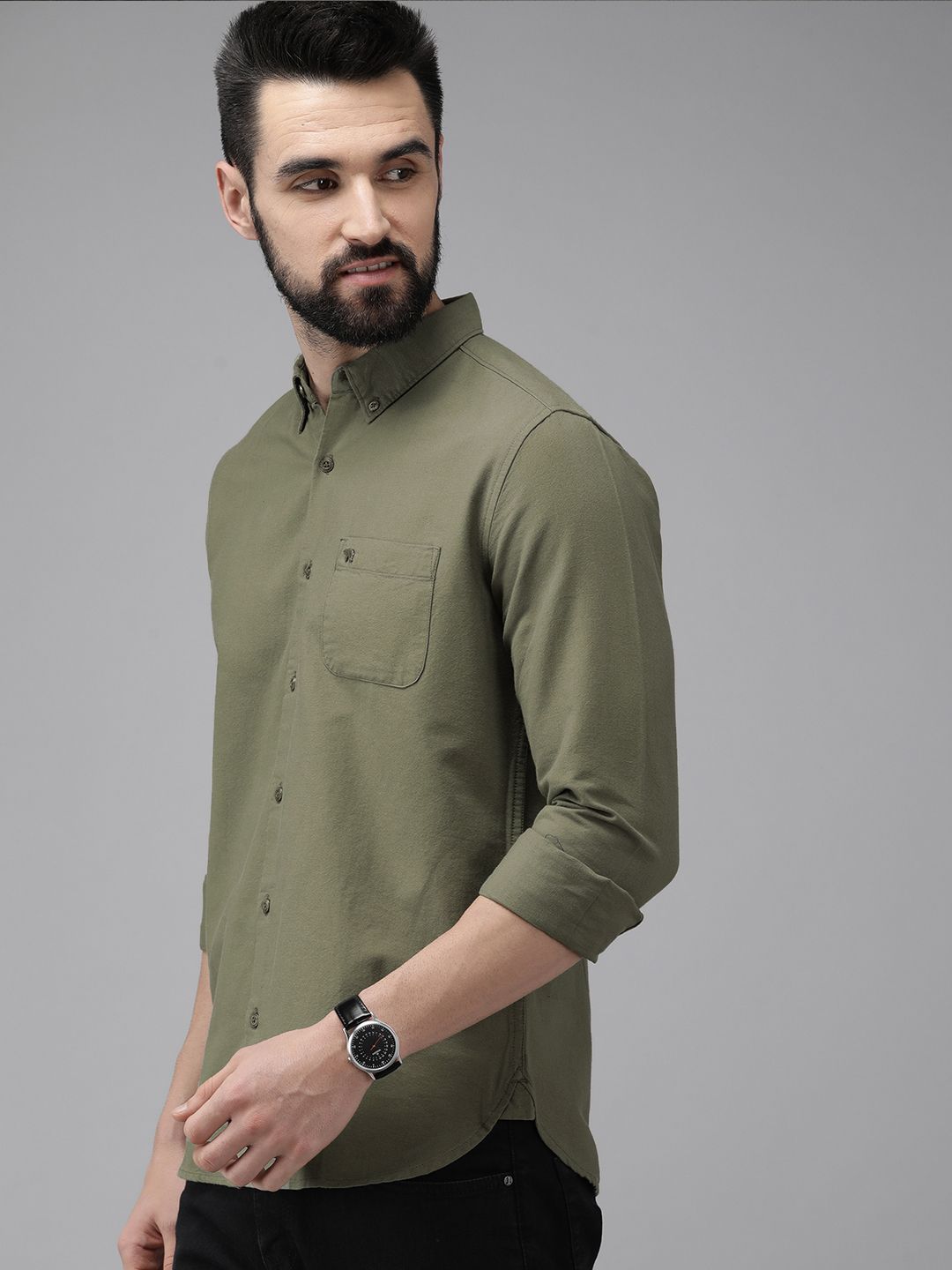 THE BEAR HOUSE Men Olive Green Solid Slim Fit Cotton Casual Shirt