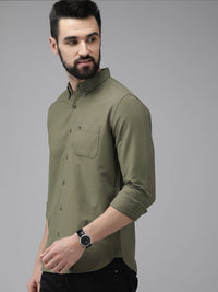 THE BEAR HOUSE Men Olive Green Solid Slim Fit Cotton Casual Shirt