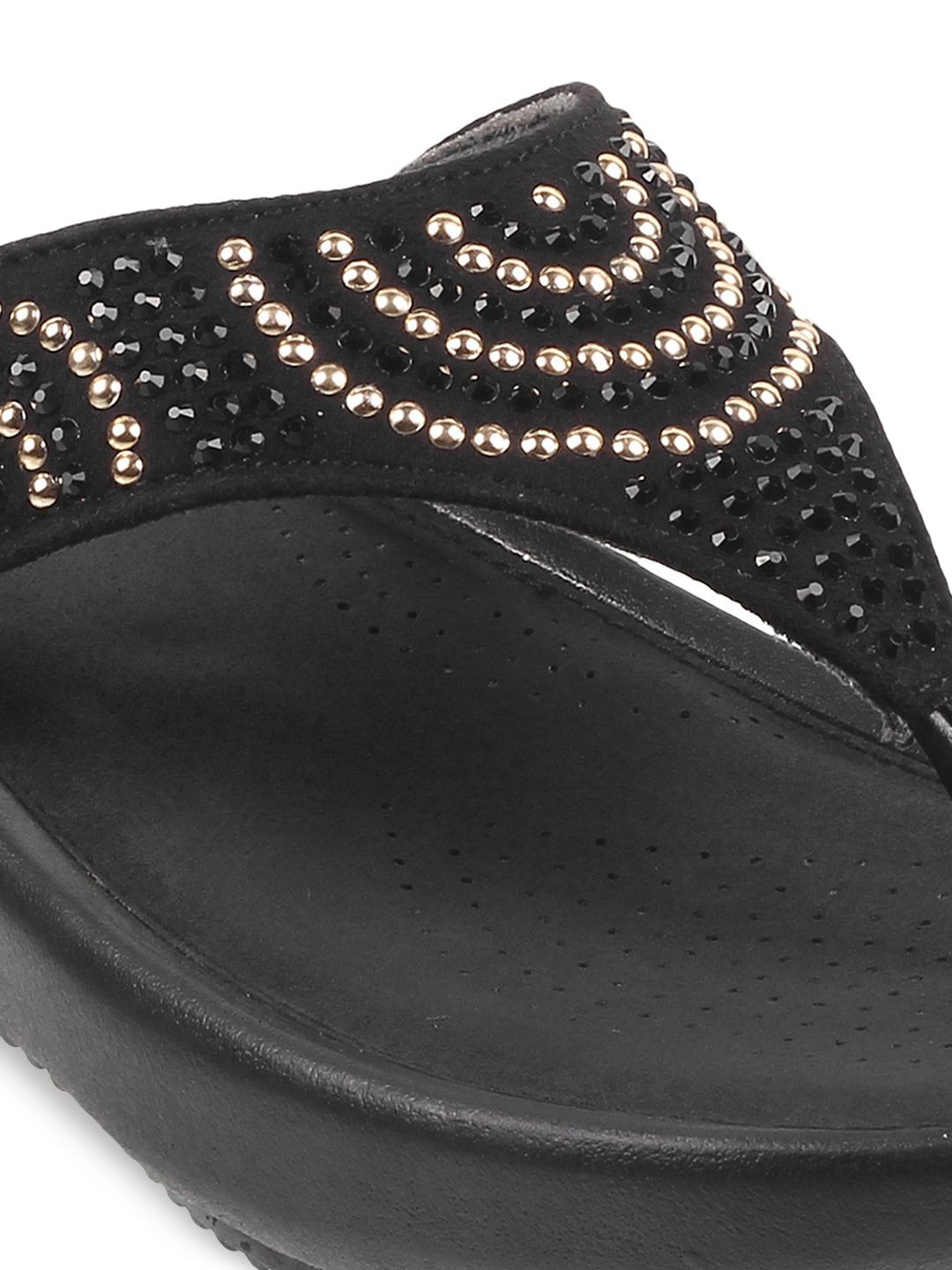 Mochi Women Black Embellished T-Strap Flats