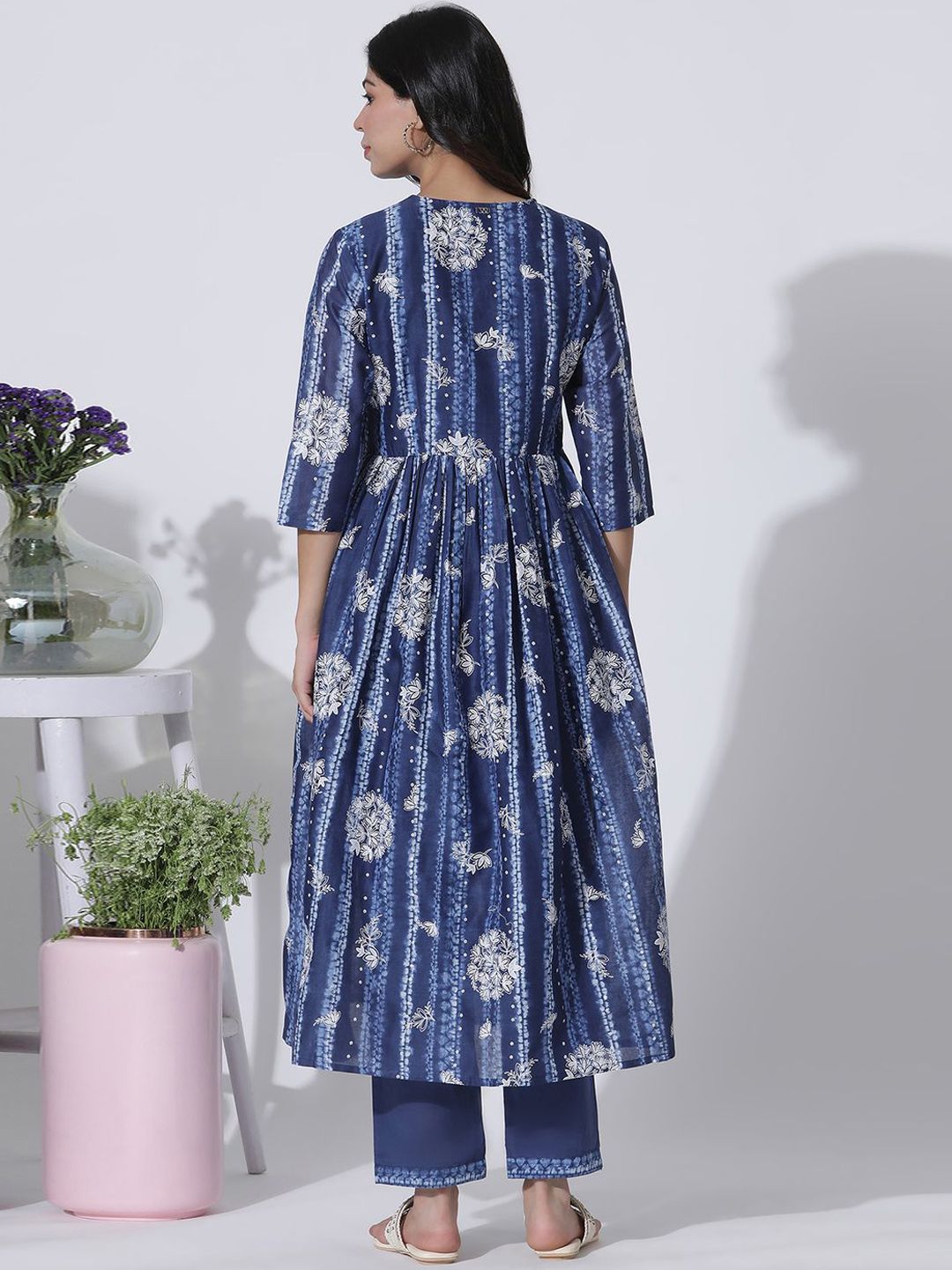 W Floral Printed Thread Work Pure Cotton Anarkali Kurta with Trousers