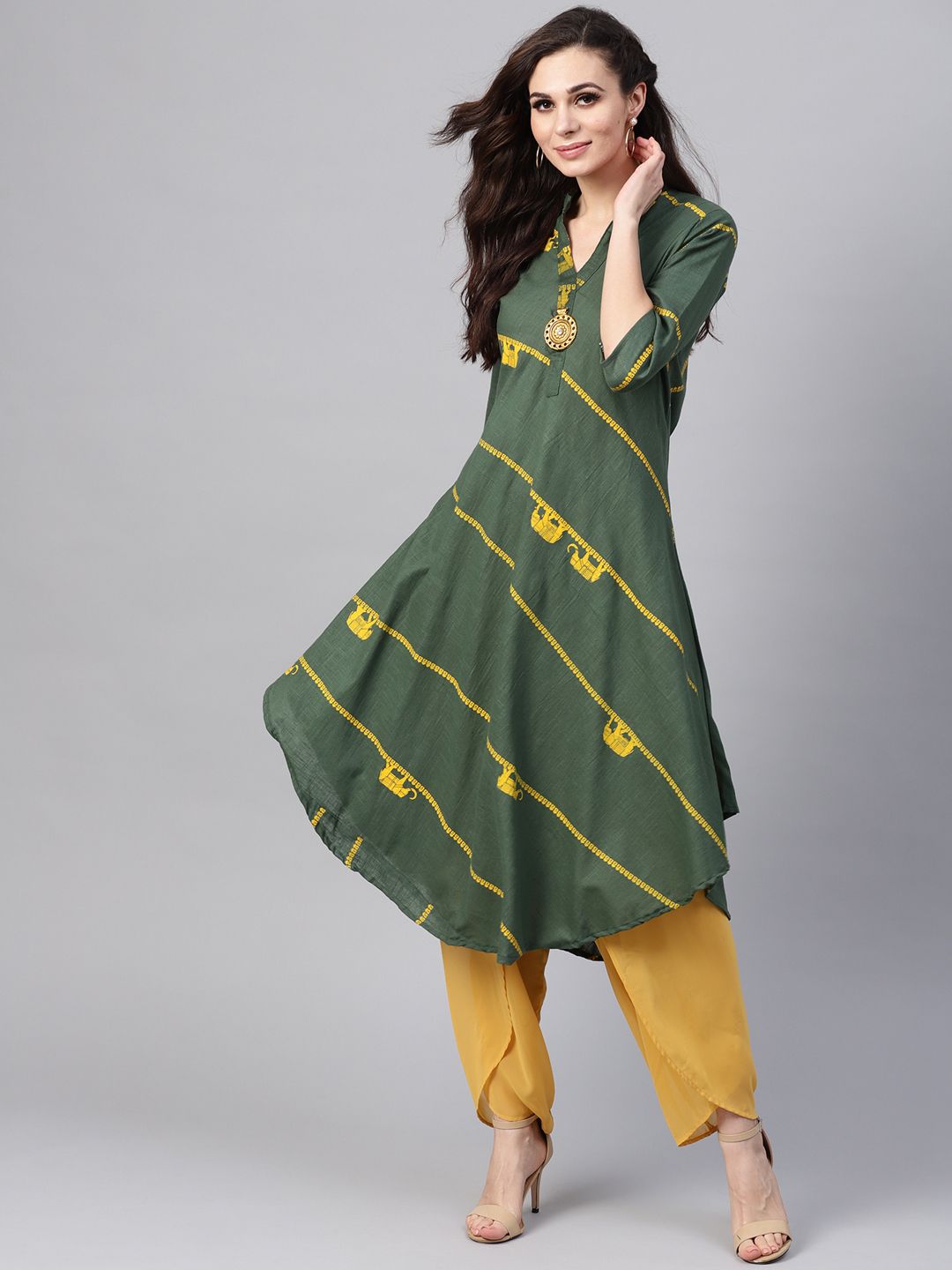 SOJANYA Kurta A-Line Berjalur Hijau & Kuning Wanita