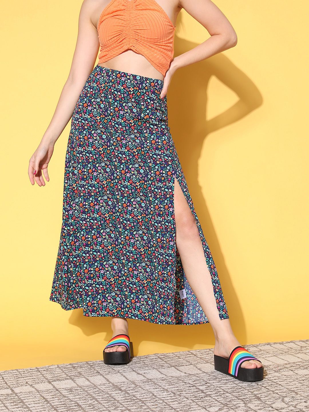 Berrylush Deep Navy Blue Floral Peekaboo Slit Skirt