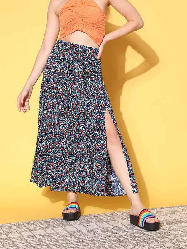 Berrylush Deep Navy Blue Floral Peekaboo Slit Skirt