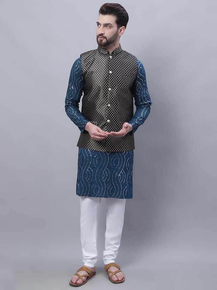 SOJANYA Leheriya Mandarin Collar Pure Cotton Kurta with Pyjamas & Nahru Jacket