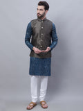 SOJANYA Leheriya Mandarin Collar Pure Cotton Kurta with Pyjamas & Nahru Jacket
